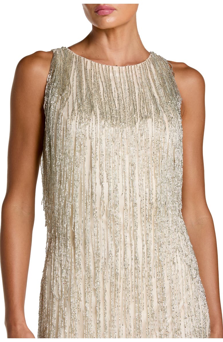 Mac Duggal Beaded Mesh Sleeveless Fringe Detail Mini Dress, Alternate, color, Nude Silver