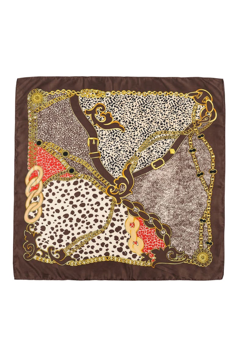Animal Print Satin Square Scarf, Main, color, BROWN