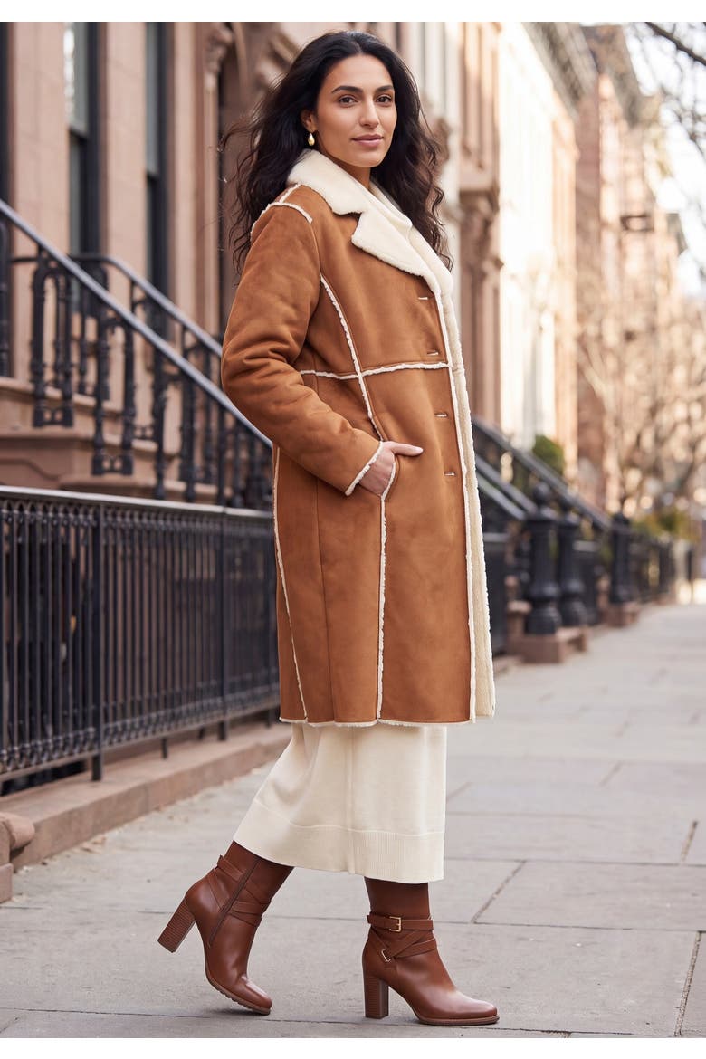 Faux Shearling Midi Coat, Alternate, color, COGNAC