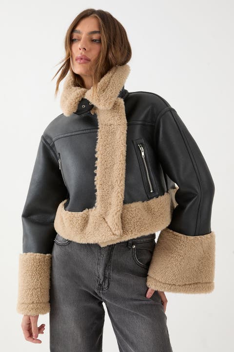 Pu Faux Fur Trim Aviator Jacket