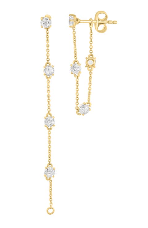 14K Yellow Gold White Topaz Linear Drop Earrings