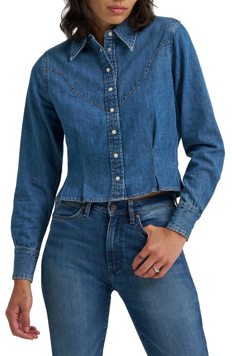 Wrangler Western Peplum Denim Snap-Up Shirt, Main, color, Light Hand