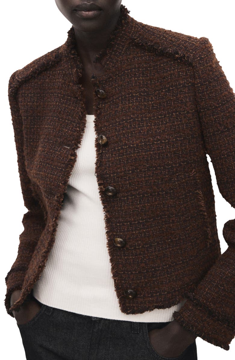 MANGO Fray Tweed Jacket, Main, color, Brown