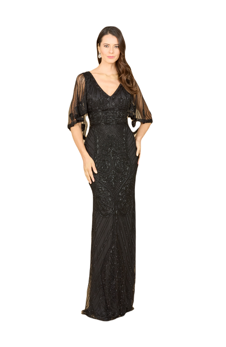 LARA New York Cape Sleeve V-Neck Beaded Gown, Main, color, Black