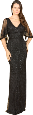 LARA New York Cape Sleeve V-Neck Beaded Gown
