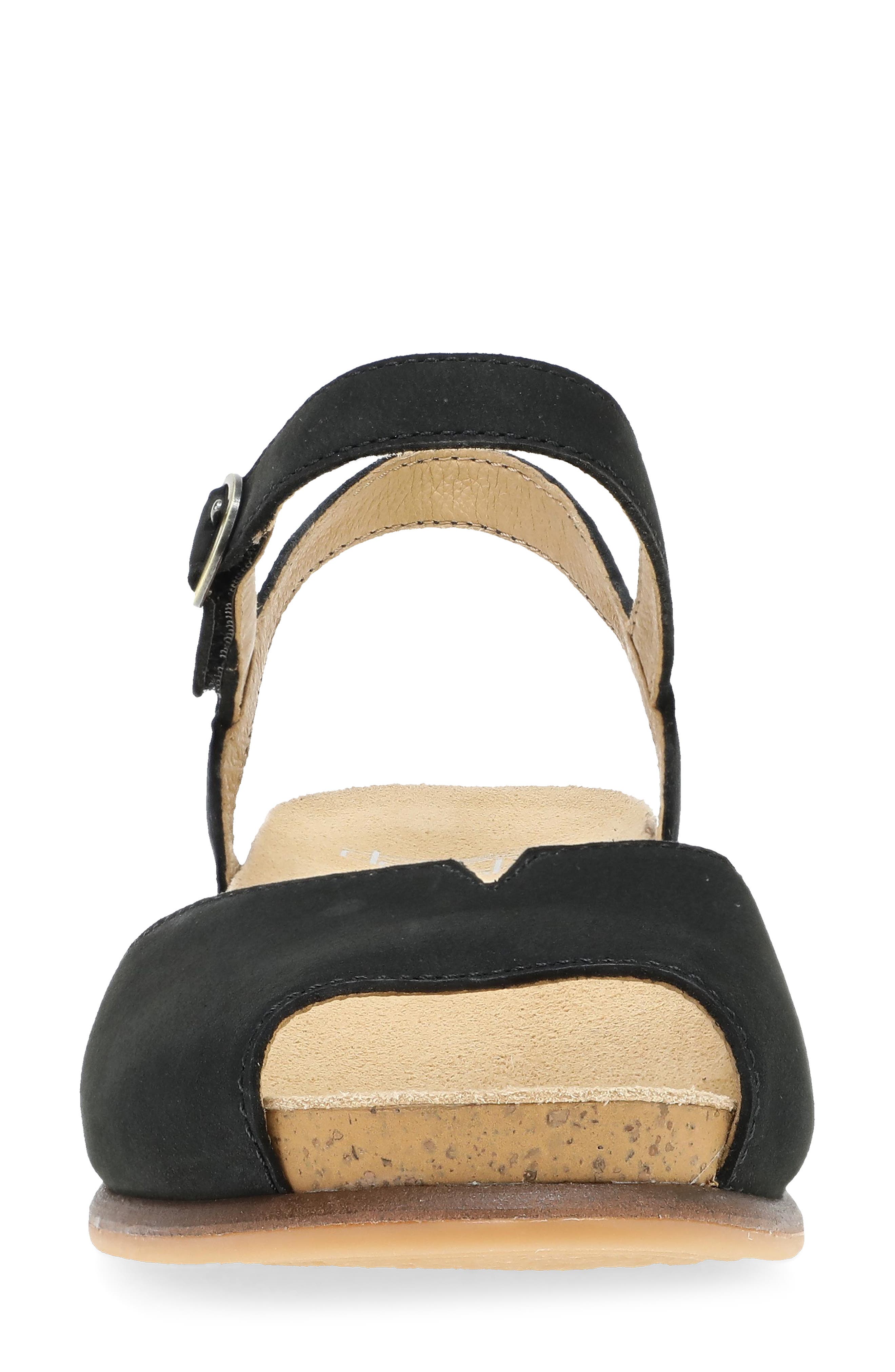 Dansko Cass Ankle Strap Peep Toe Wedge Sandal, Alternate, color, Black Milled Nubuck