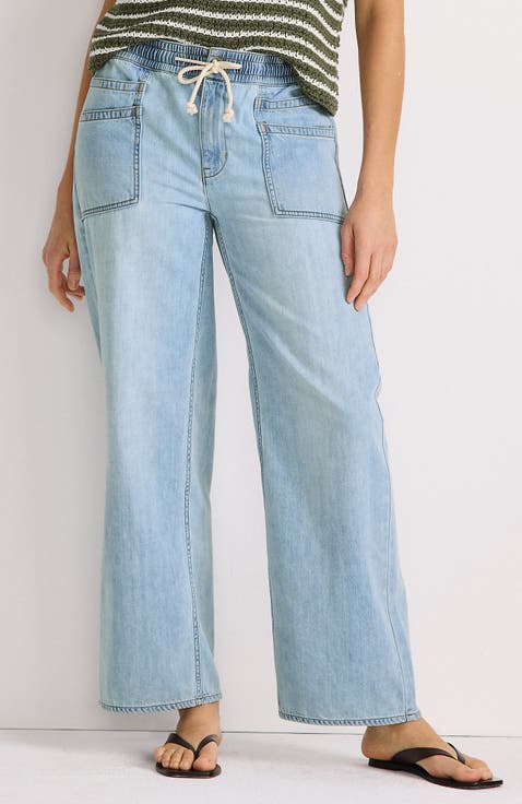 Lightweight Denim High Rise Relaxed Straight Pull On Pocket Jeans