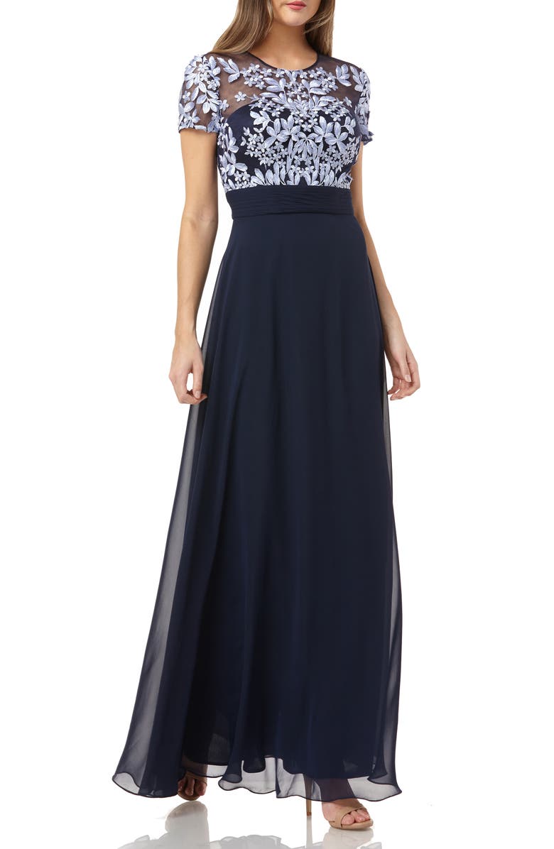JS Collections Embroidered A-Line Gown, Main, color,