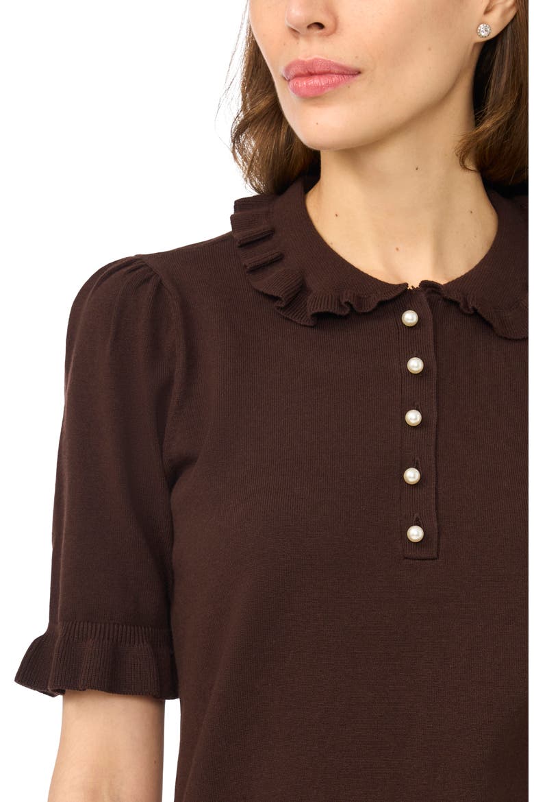Ruffle Collar Short Sleeve Polo Sweater, Alternate, color, COFFEE BEAN
