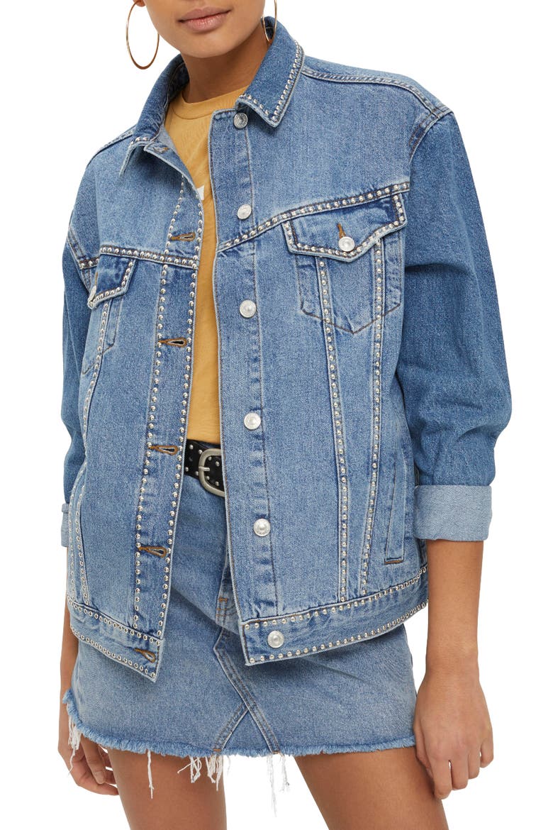 Studded Denim Jacket, Main, color, MID DENIM