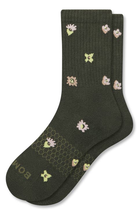 Tossed Flowers Cushioned Cotton Blend Crew Socks