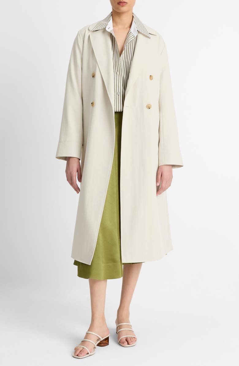 Vince Drapey Tie Waist Double Breasted Trench Coat, Main, color, White Stone