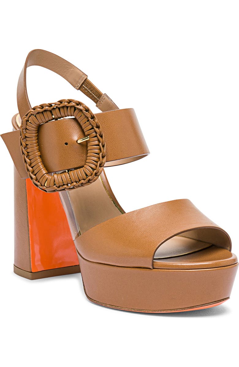 Santoni Leather High-Heel Sandal with Woven Buckle, Main, color, Light Brown