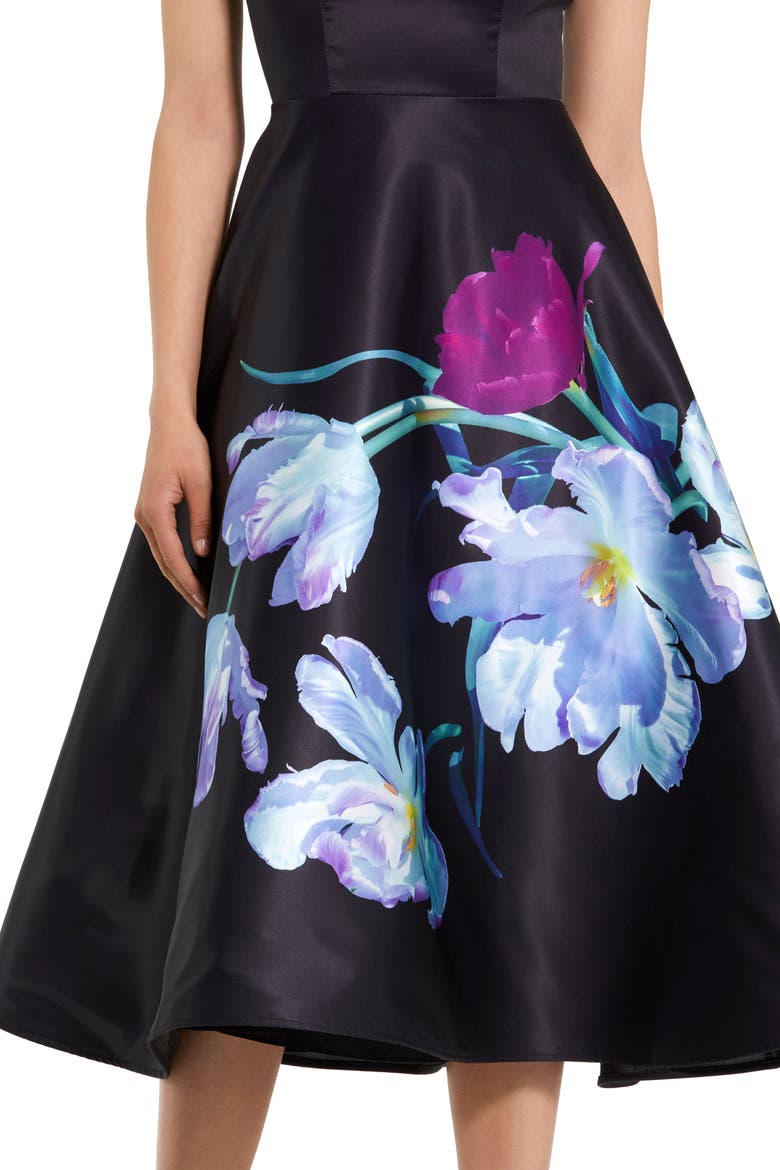 Petite Satin Cap Sleeve Midi Dress With Floral Print, Alternate, color, Black Multi