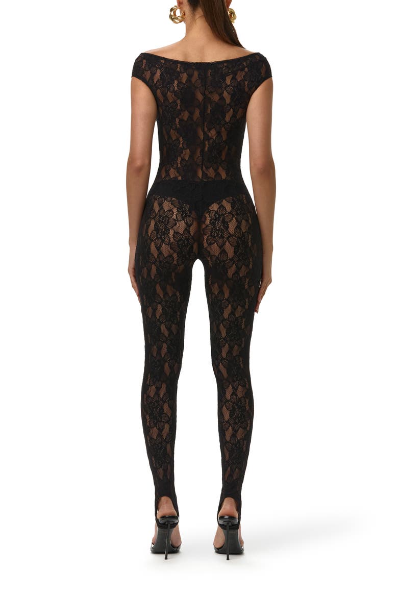 Off the Shoulder Lace Stirrup Jumpsuit, Alternate, color, BLACK