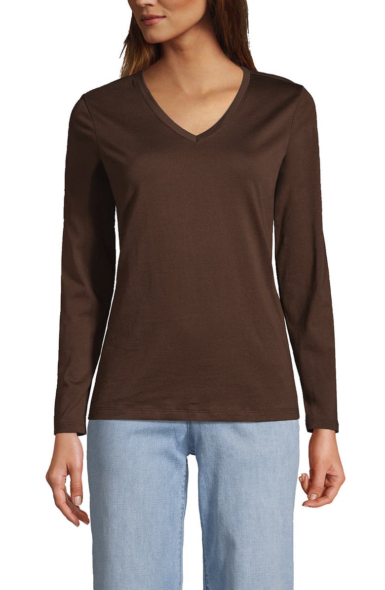 Lands' End Relaxed Supima Cotton Long Sleeve V-Neck T-Shirt, Main, color, Rich Coffee