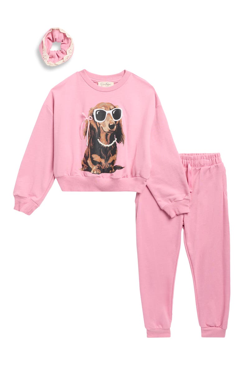 Kids' French Terry Sweatshirt, Joggers & Scrunchie 3-Piece Set, Main, color, ROSE