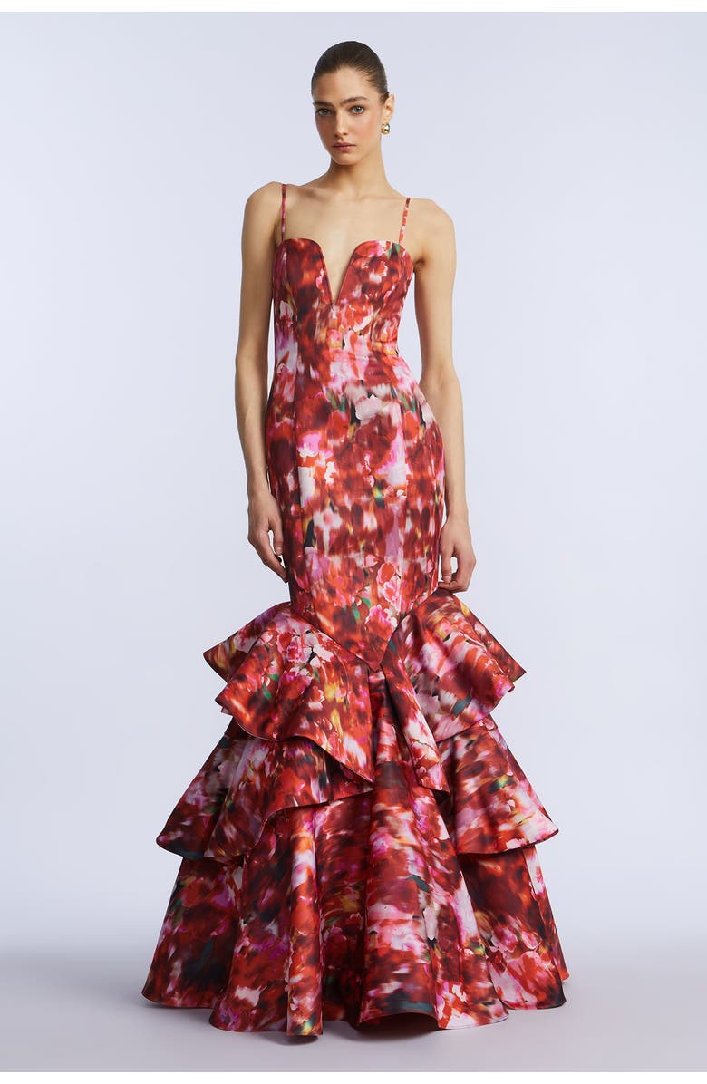BCBGMAXAZRIA Ruffle Ball Gown, Alternate, color, Washed Rose Chili Pepper Print