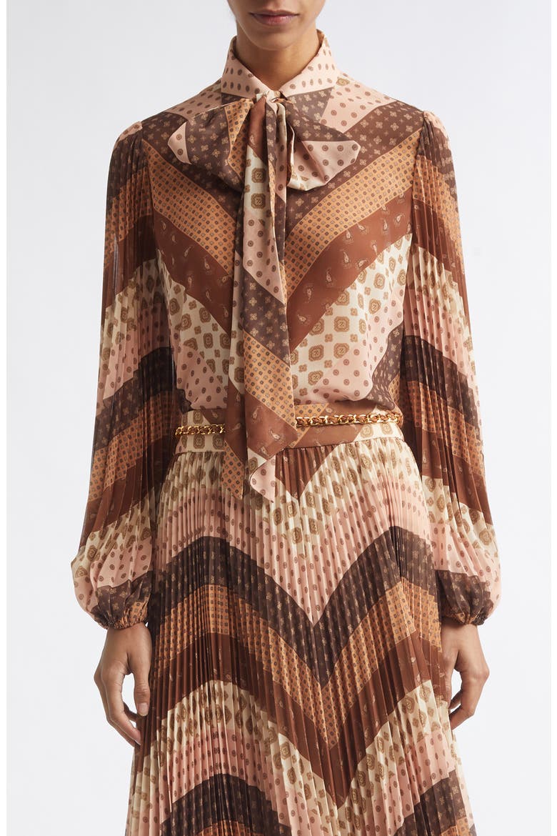 Sunray Chevron Foulard Tie Neck Shirt, Main, color, CHEVRON CHOCOLATE
