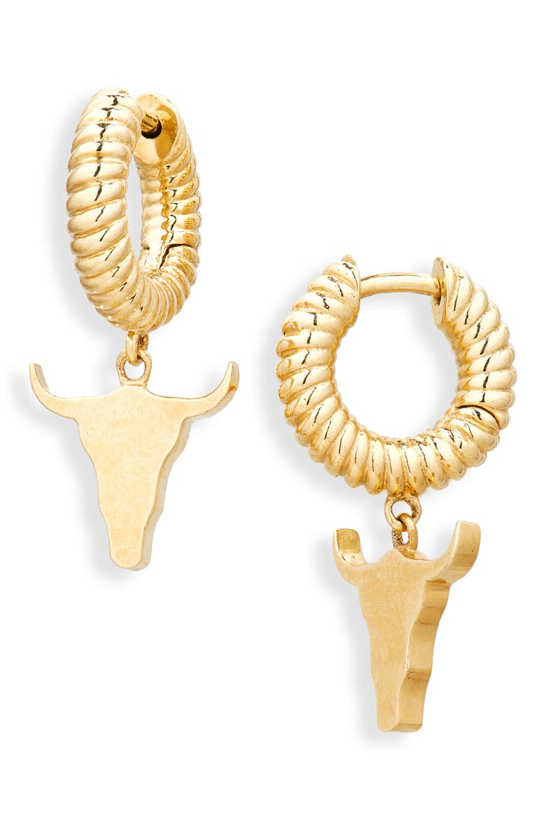 Steer Charm Huggie Hoop Earrings, Main, color, YG-COWBOY