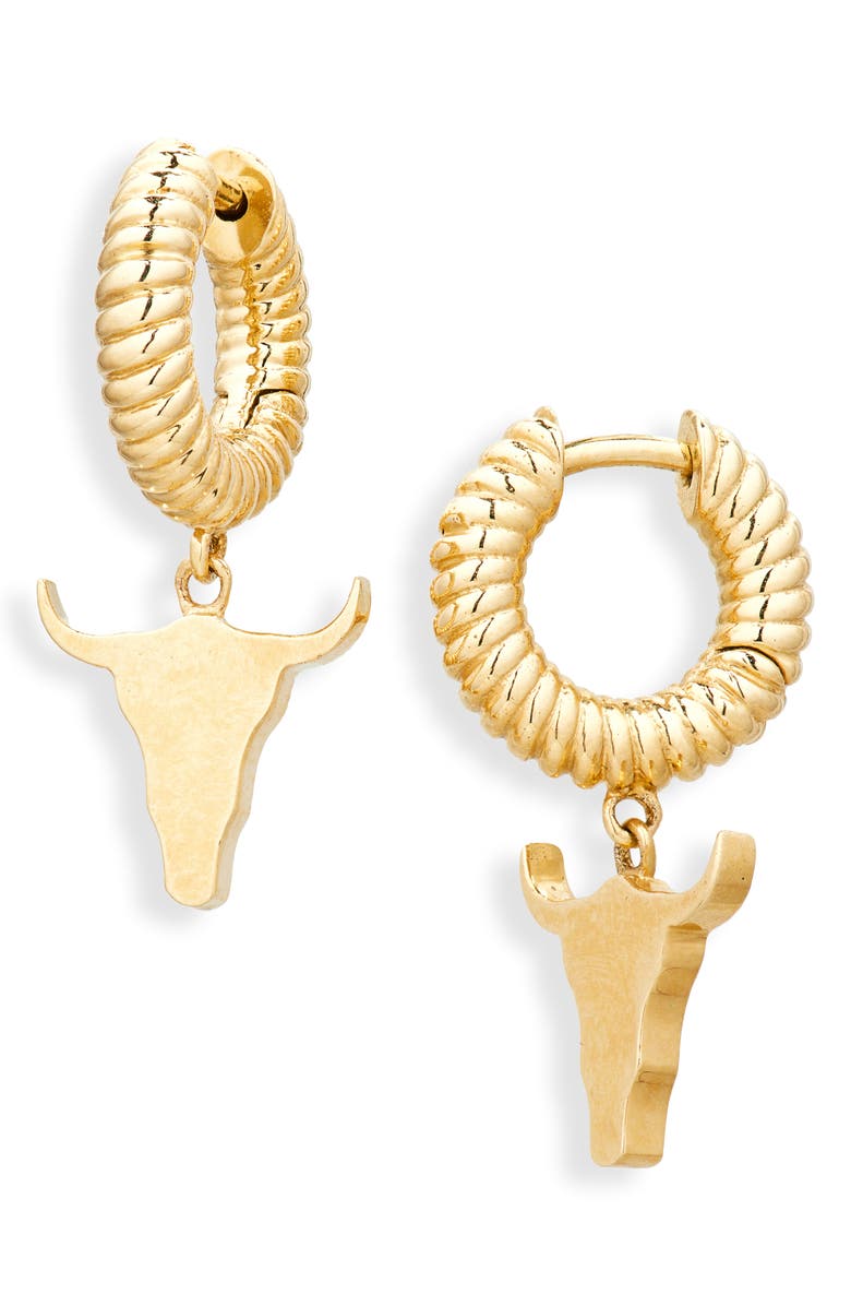 Established Steer Charm Huggie Hoop Earrings, Main, color, Gold