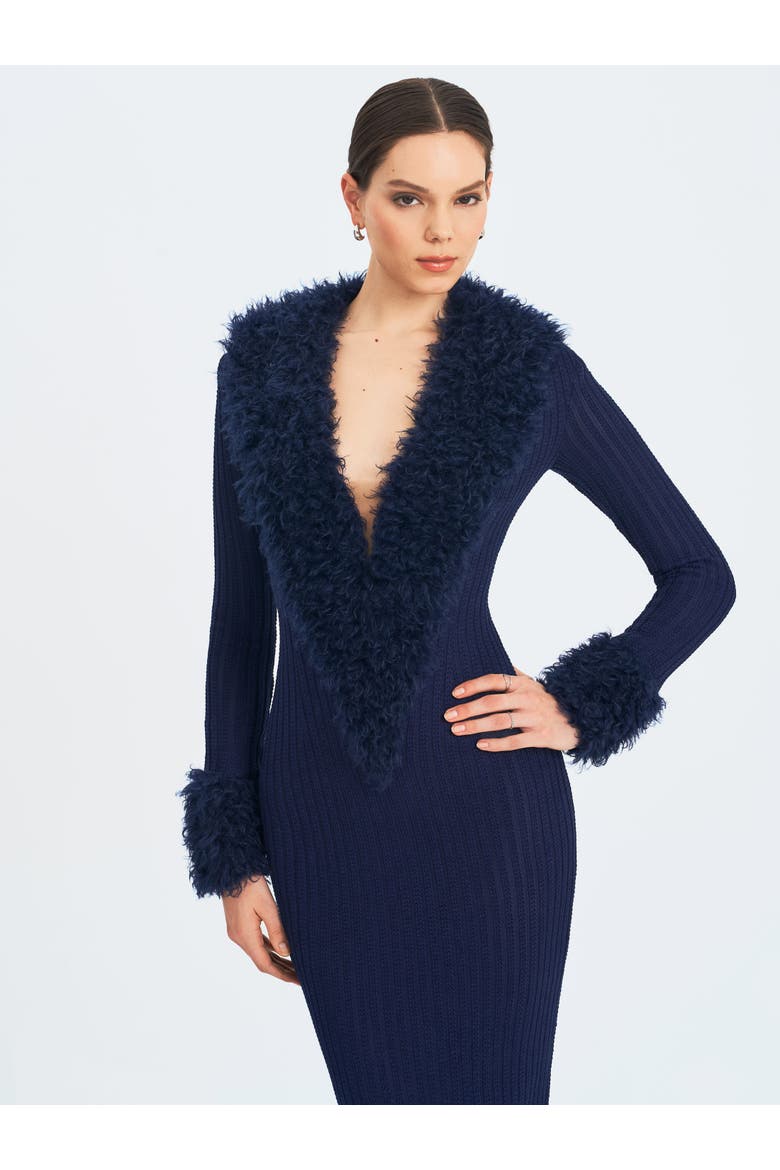 Romina Plunging Fur Trimmed Crochet Maxi Dress, Alternate, color, Navy