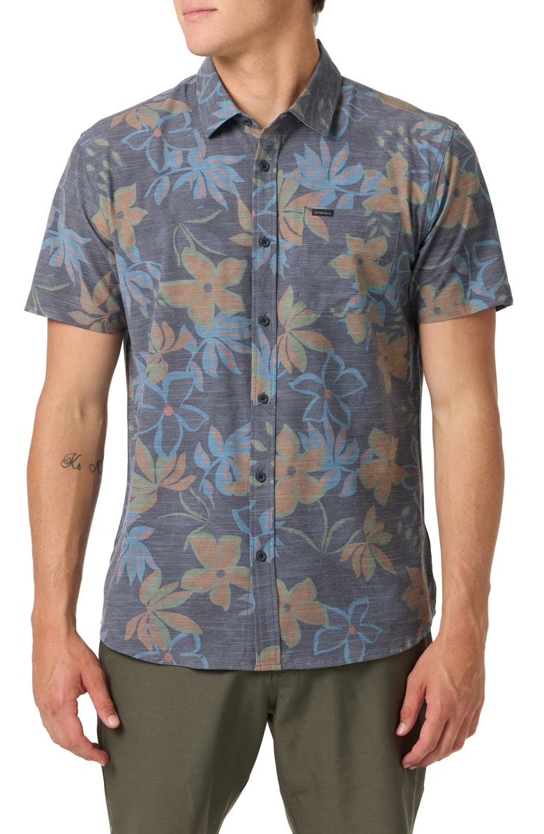 O'Neill TRVLR UPF Traverse Slub Short Sleeve Performance Button-Up Shirt, Main, color, Black