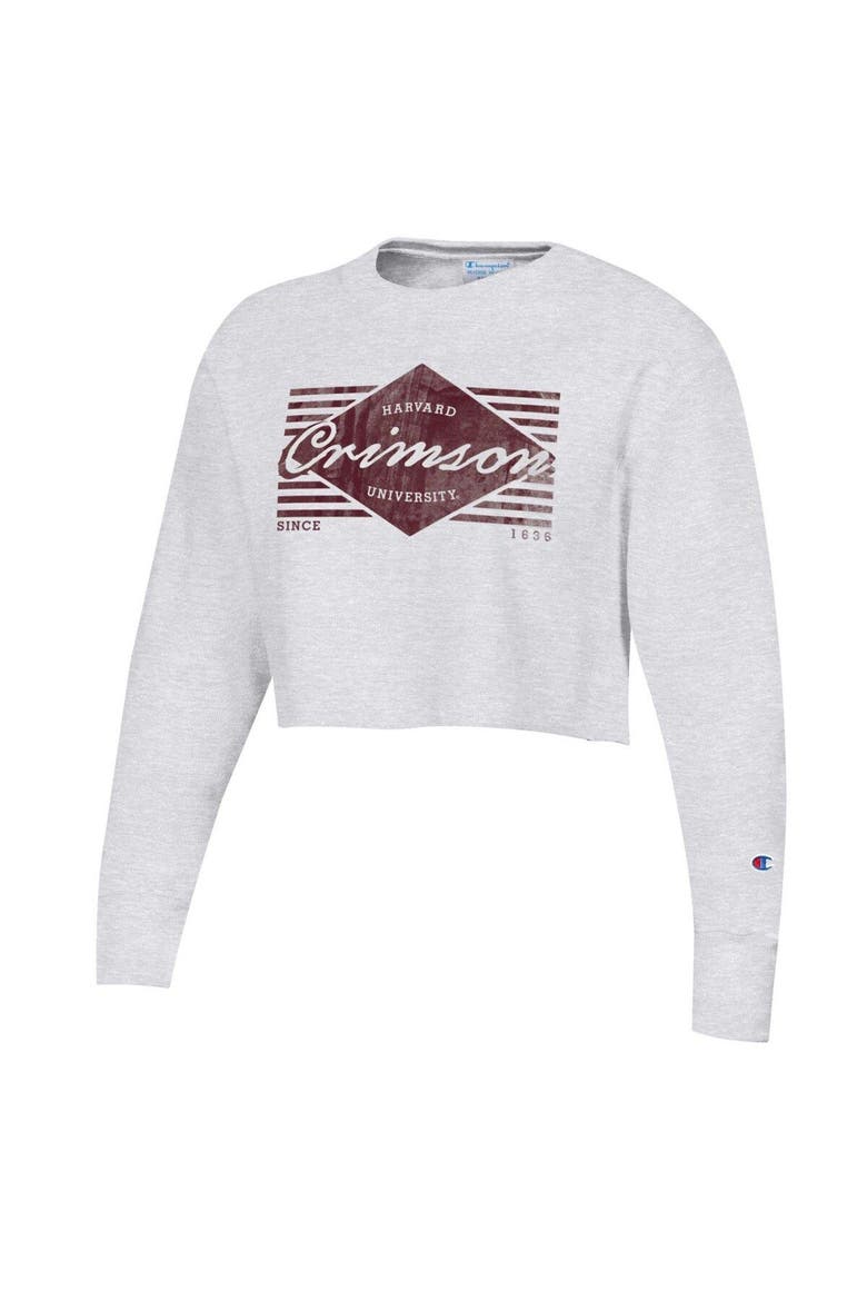 Women's Champion Heather Gray Harvard Crimson Reverse Weave Cropped Pullover Sweatshirt, Alternate, color, Heather Gray