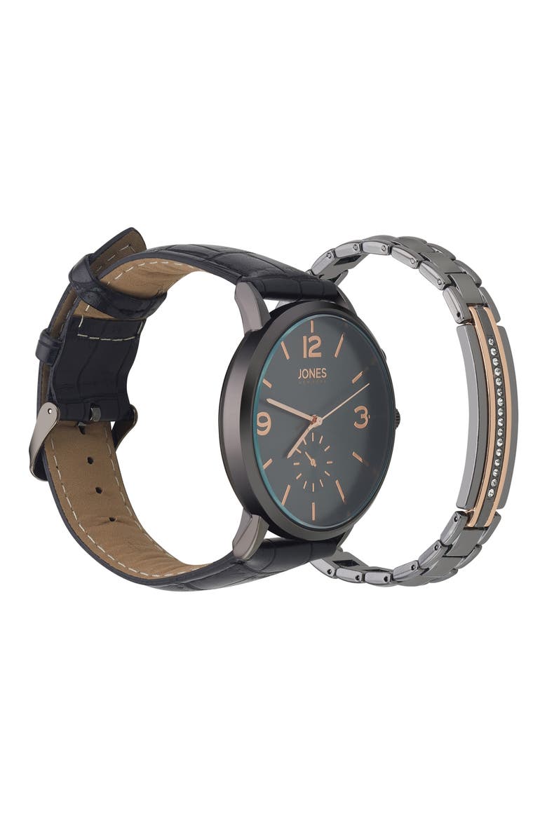Three-Hand Quartz Bracelet Watch & ID Bracelet Set, Alternate, color, BLACK
