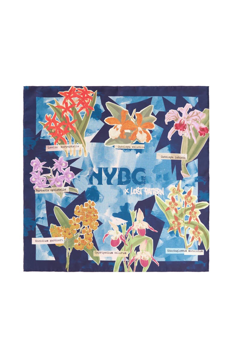 Lost Pattern X NYBG "Orchid On the Block" Silk Bandana Scarf, Main, color, Blue