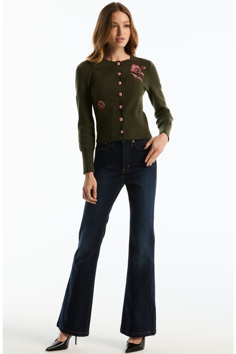 Floral Crewneck Cardigan, Alternate, color, OLIVE NIGHT