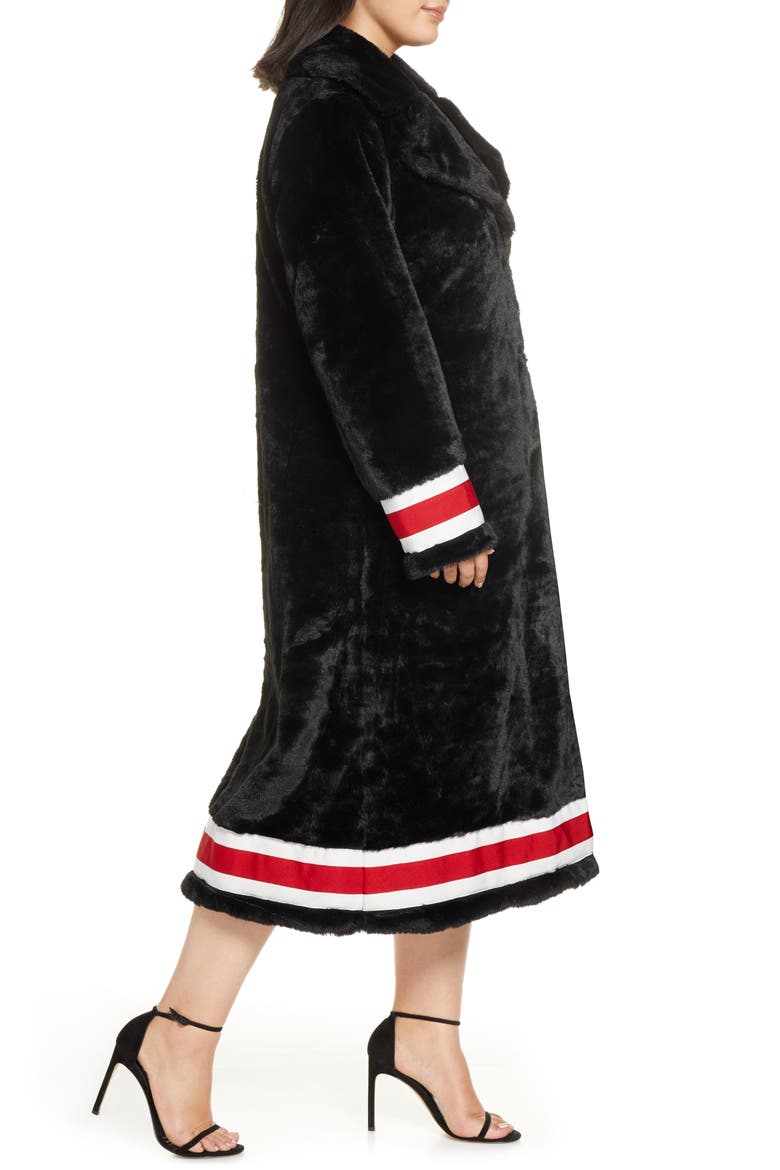 Grosgrain Ribbon Trim Faux Fur Swing Coat, Alternate, color, BLACK W/ BLACK JAGUAR LINING