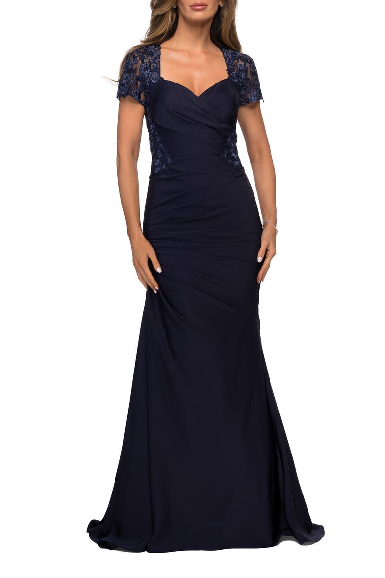 Satin Evening Dress with Lace and Scoop Neckline, Main, color, Navy
