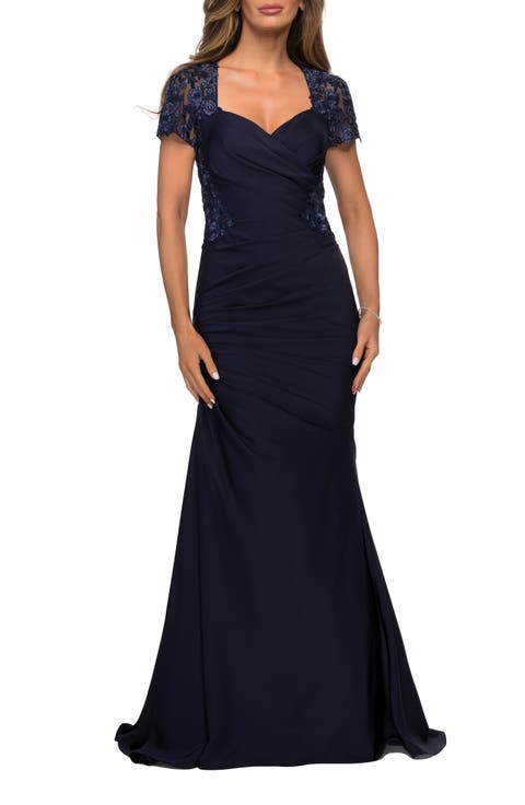 Satin Evening Dress with Lace and Scoop Neckline