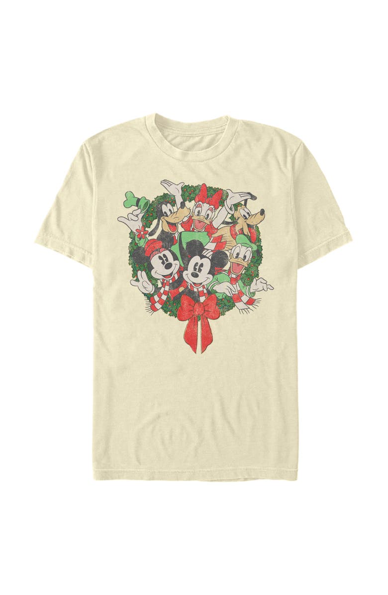 Mickey & Friends Men's Mickey & Friends Christmas Group Shot Wreath  Graphic T-Shirt, Main, color, Beige