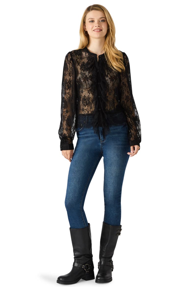 Colsie Sheer Lace Long Sleeve Shirt, Alternate, color, BLACK