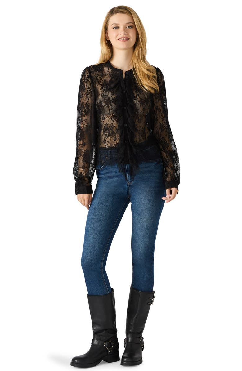 Steve Madden Colsie Sheer Lace Long Sleeve Shirt, Alternate, color, Black