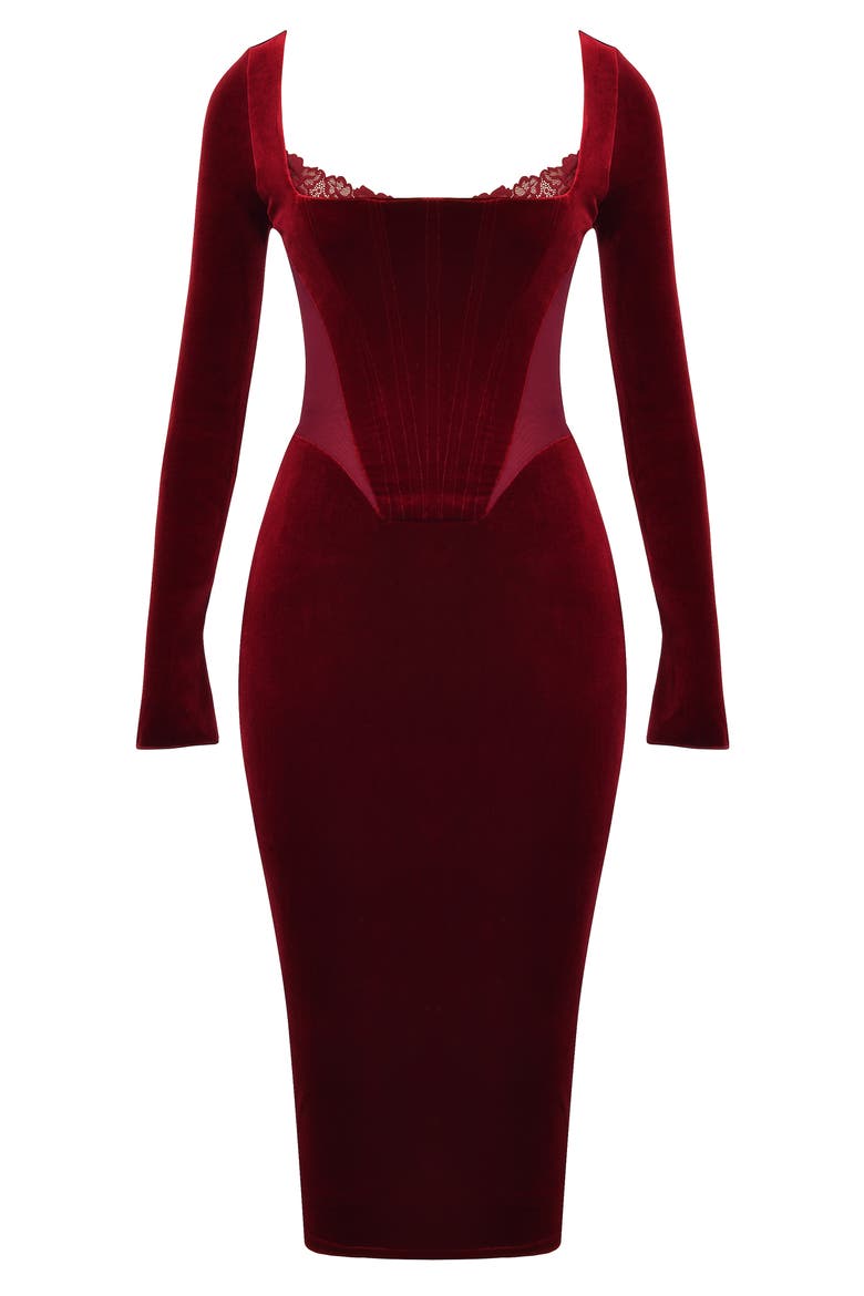 Solaine Lace Trim Long Sleeve Velvet Midi Dress, Alternate, color, WINE