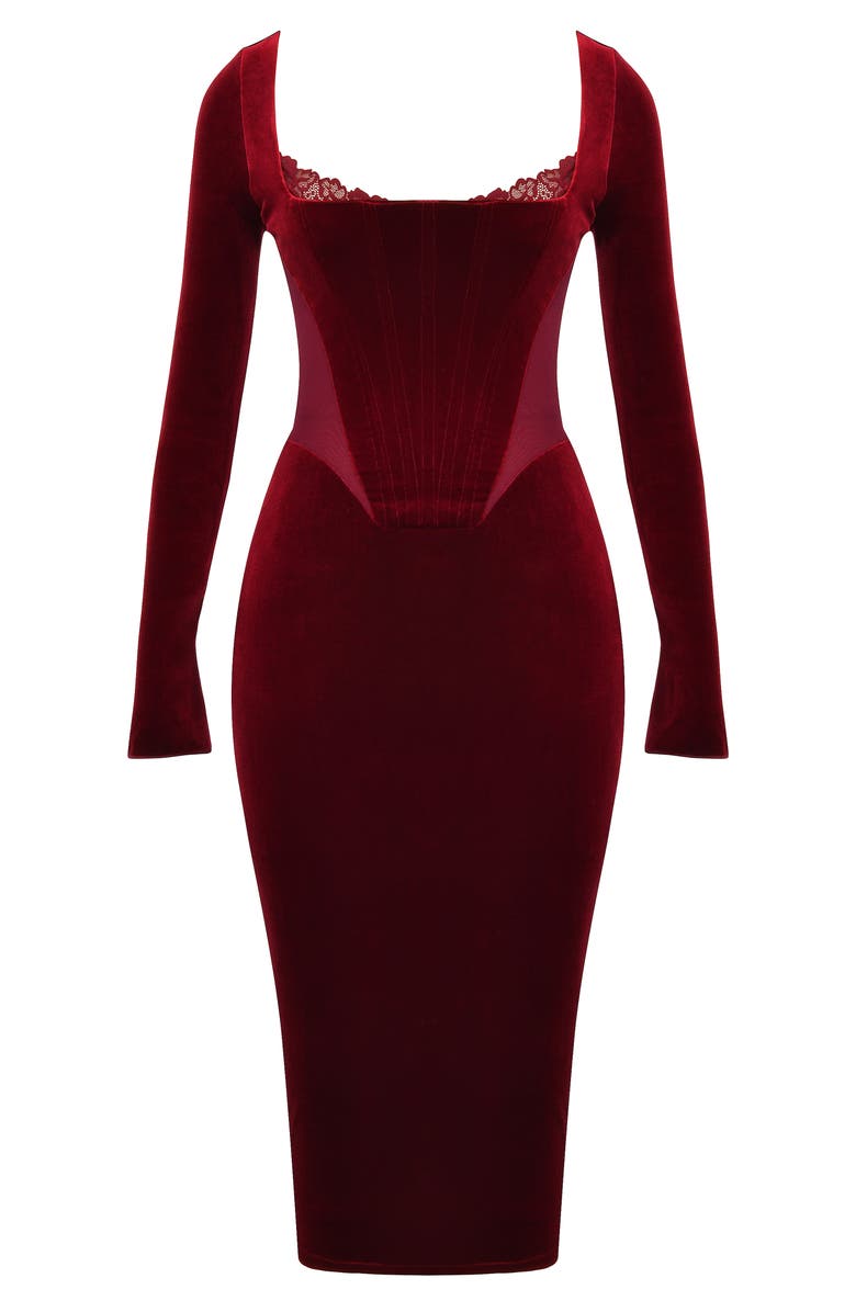 HOUSE OF CB Solaine Lace Trim Long Sleeve Velvet Midi Dress, Alternate, color, Wine