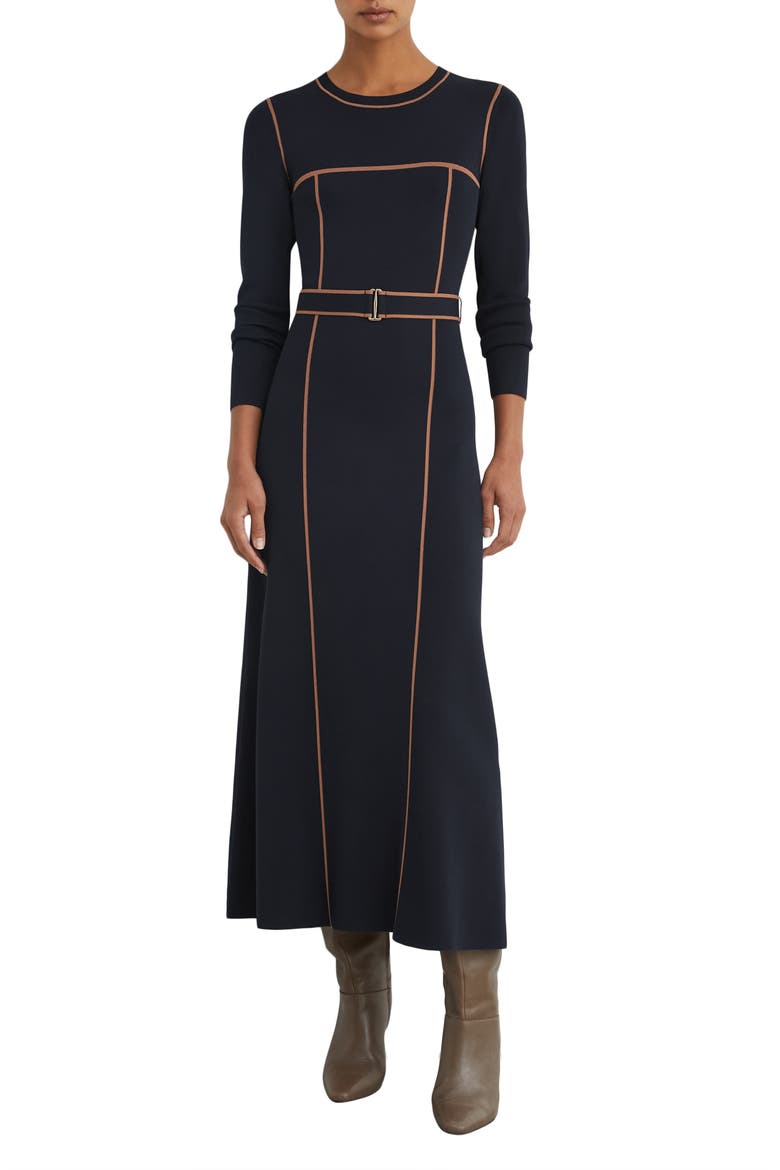 Etta Long Sleeve Midi Sweater Dress, Main, color, NAVY/ CAMEL