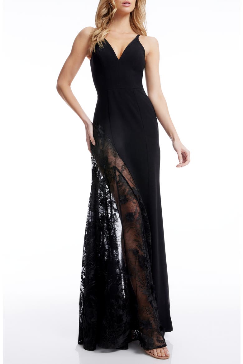Gianna Lace Panel Crepe EveningGown, Main, color, BLACK