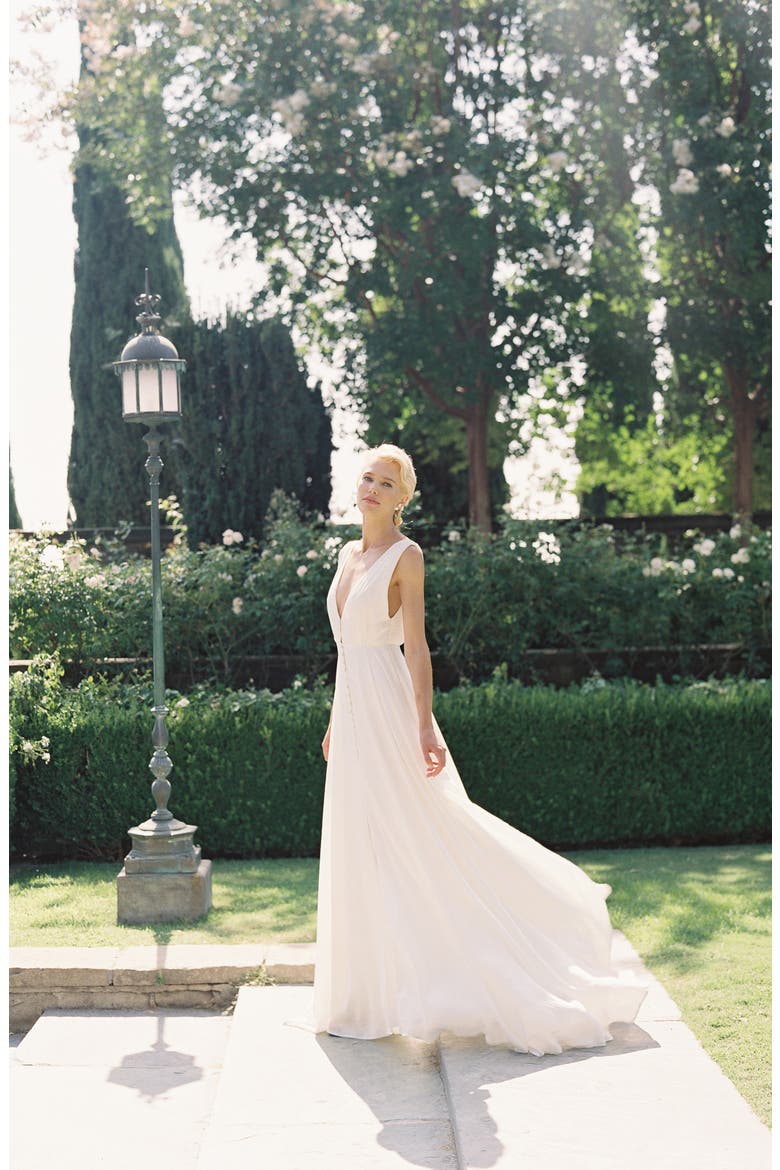 Joplin Slit Front Button-Up V-Neck Wedding Dress, Alternate, color, WHITE