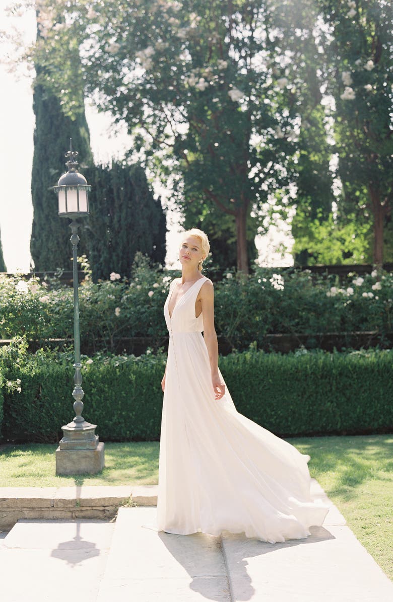 Joanna August Joplin Slit Front Button-Up V-Neck Wedding Dress, Alternate, color, 