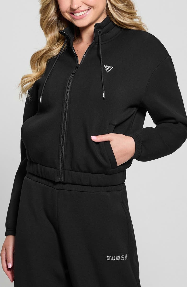 GUESS Ceclilia Crystal Logo Scuba Knit Zip Hoodie, Main, color, 