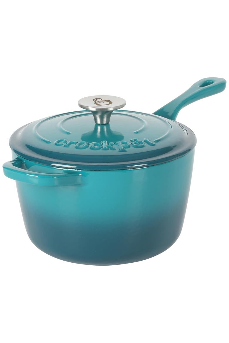 Artisan 3 Quart Enameled Cast Iron Saucepan with Lid, Main, color, Teal and Silver