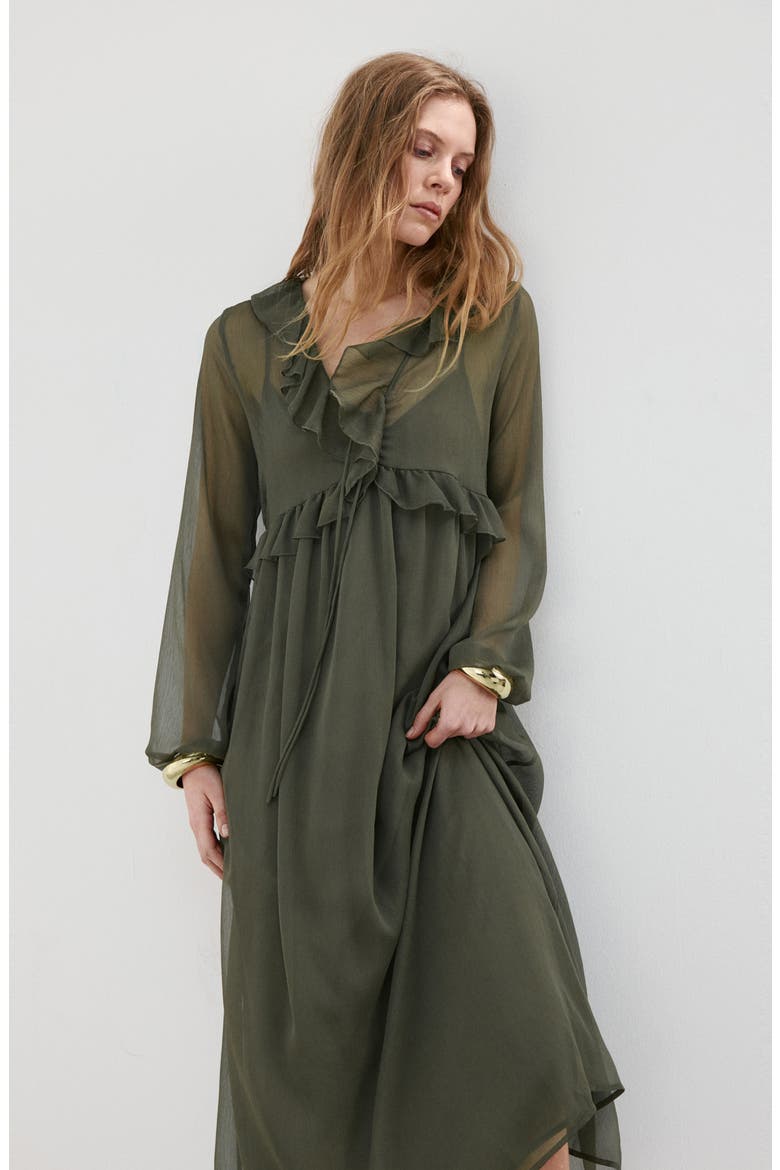 Ruffle Trim Long Sleeve Maxi Dress, Alternate, color, KHAKI GREEN