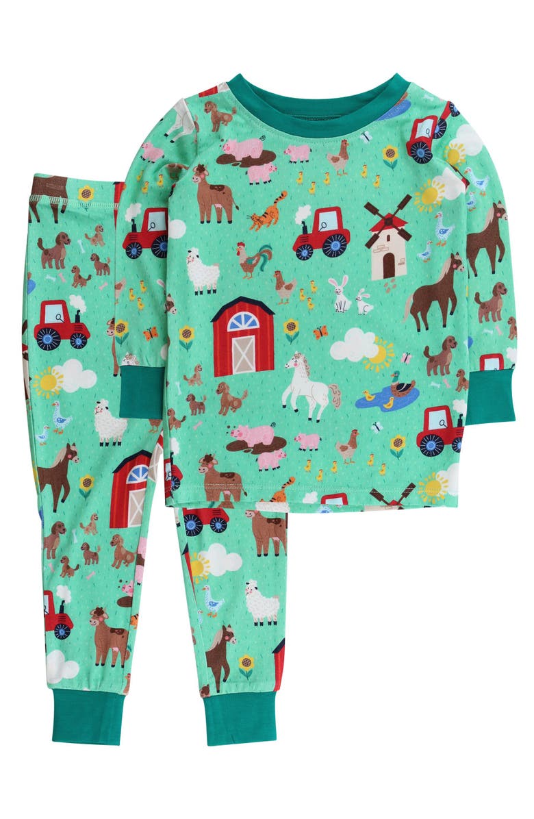 RuffleButts SoftSnooze Long Sleeve Pajama Set, Main, color, Farm Friends