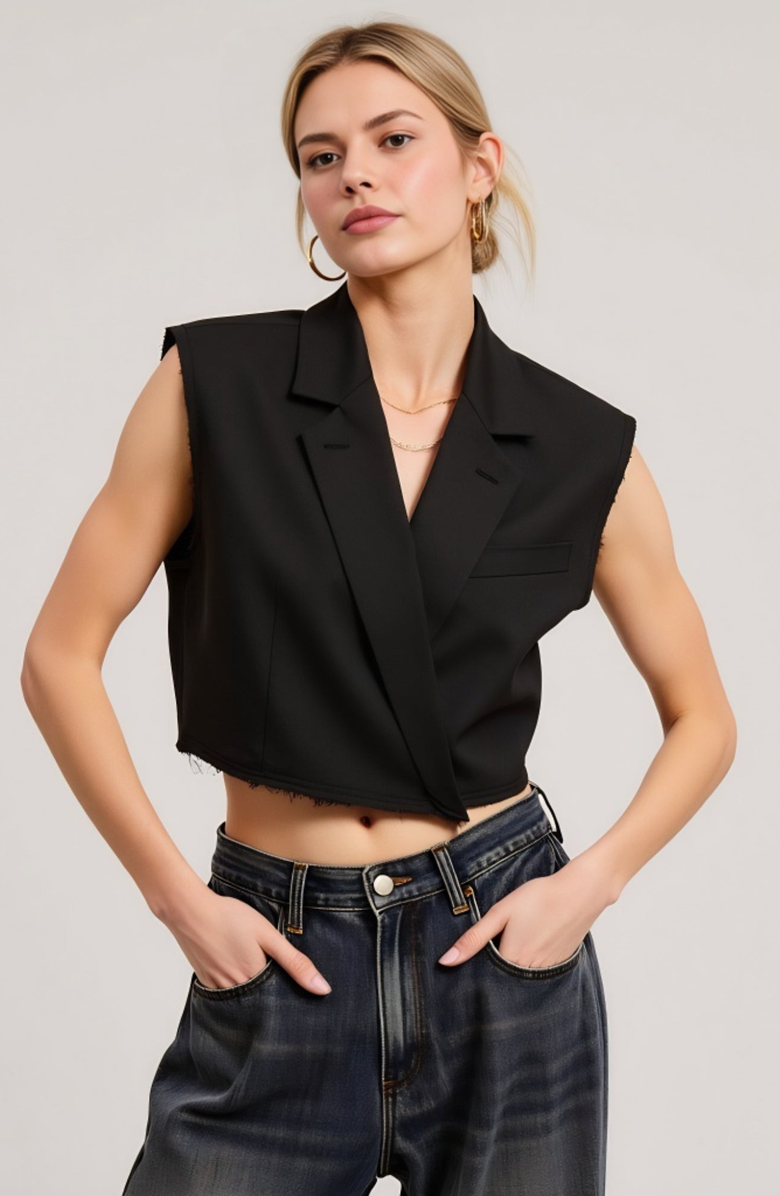 Modenaire Sleeveless Cropped Tailored Collar Raw Edge Hem Blazer Vest, Alternate, color, Black