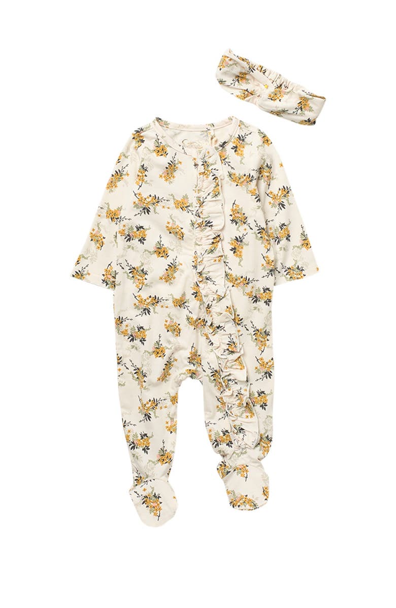 Jessica Simpson Floral Ruffled Zip Front Footed Jumpsuit & Headband Set, Main, color, 