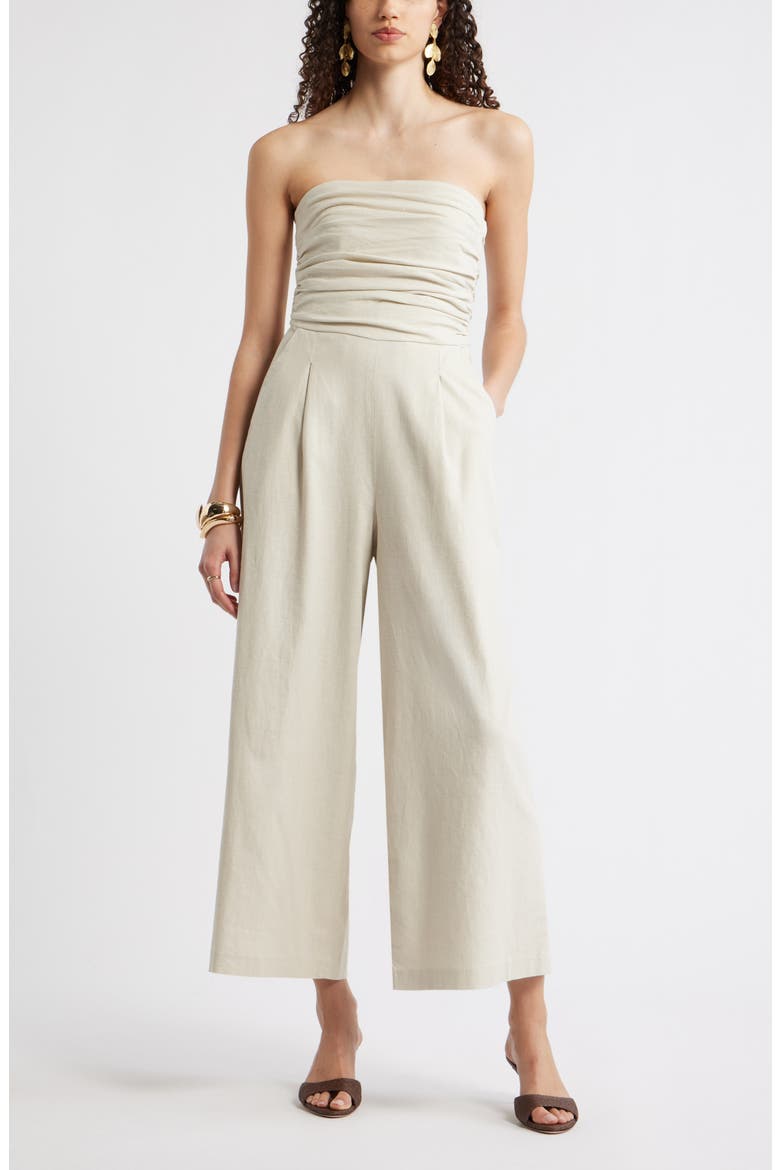 Strapless Linen Blend Jumpsuit, Main, color, BEIGE OATMEAL